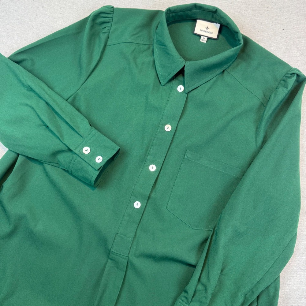 Tuckernuck Medium Shirt Dress Womens Green Flounce Hem Puff Sleeve Y2557BT